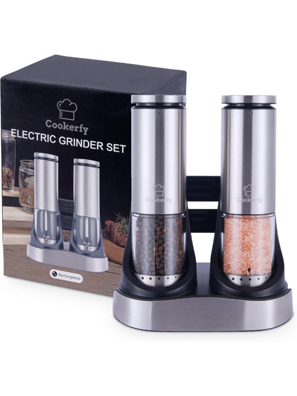 Rechargeable Electric Salt & Pepper Grinder Set - Stainless Steel, LED Light, 6